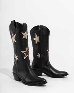 Ozdobne gwiazdy na cholewce kowbojek damskich, ręcznie wykonane skórzane kozaki