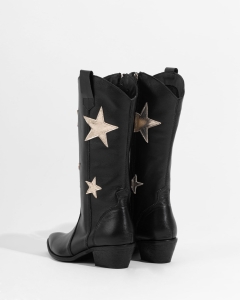 Kowbojki damskie z naturalnej skóry, czarne kozaki na obcasie z ozdobnymi gwiazdami
