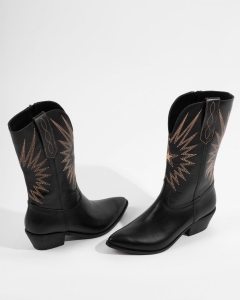 Skórzane kozaki damskie typu kowbojki, czarne buty na stabilnym obcasie