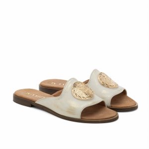biało-złote klapki damskie ze skóry naturalnej